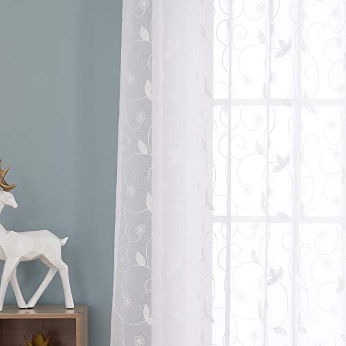 Deconovo Visillos Ventana Voile Decorativo Diseño Bonito Cortina Infantil Traslúcida para Sala de Estar Cocina con Motivos 1 par 140 x 180 cm Blanco