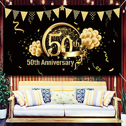 Decoración de Fiesta de Oro Negro de 50 Cumpleaños, Cartel de Oro Negro de Tela Extra Grande para 50 Aniversario Banner de Fondo de Fotomatón, Suministros de Fiesta de 50 Cumpleaños