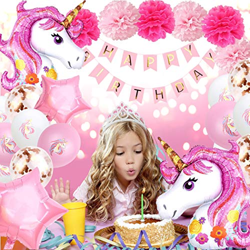 Decoración de globos de cumpleaños de unicornio niña,Conjunto de banner de feliz cumpleaños de Aivatoba con globos de unicornio rosa, pompones para fiesta de cumpleaños