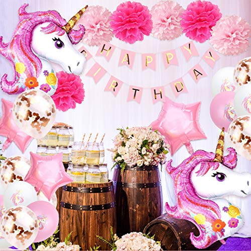 Decoración de globos de cumpleaños de unicornio niña,Conjunto de banner de feliz cumpleaños de Aivatoba con globos de unicornio rosa, pompones para fiesta de cumpleaños