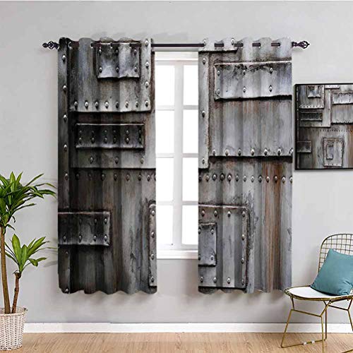 Decoración industrial Colección habitación oscurecida cortina pared metálica antigua entrada cerrada puerta de fábrica protección de seguridad imagen fácil de limpiar gris oxidada W63 x L45 pulgadas