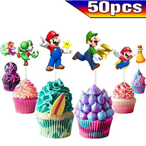 Decoración para cupcakes de Super Mario, 50 piezas, Super Mario Happy Birthday Party Supplies decoraciones para tartas para los fans de Mario, fiesta de cumpleaños para niños