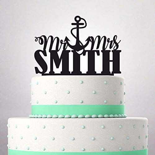 Decoración para tarta de boda con texto en inglés"Mr and Mrs" y apellidos para pareja joven con corazón y ancla naval antigua escuela personalizada, fecha personalizada