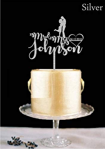 Decoración para tarta plateada – Decoración personalizada para tarta de boda con apellido y fecha de boda de madera o acrílico en 12 colores, incluyendo oro y adornos
