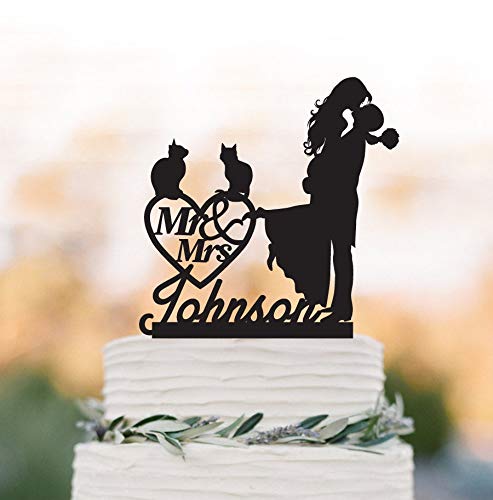 Decoración personalizada para tarta de boda con diseño de gato para levantar novios con texto en inglés"Mr and Mrs" para tarta de boda personalizada con decoración de corazón