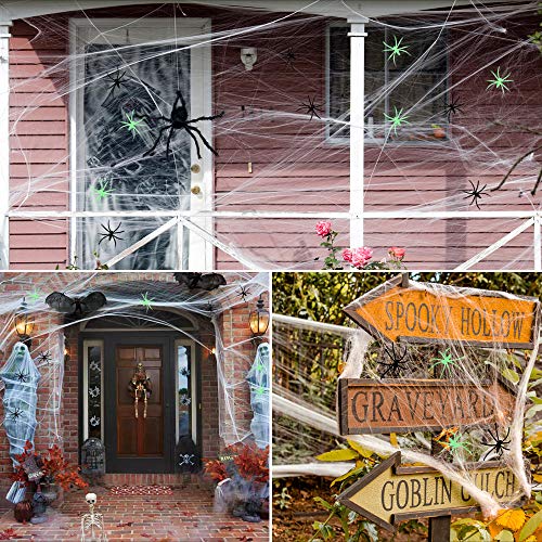 Decoraciones de Halloween Telarañas de araña - Tela de araña de 1000 pies cuadrados +100 arañas negras +50 arañas, interiores y exteriores con arañas falsas para decoraciones de fiesta de Halloween