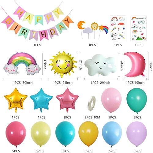 Decoraciones para fiesta de cumpleaños niña pastel, suministro de tema del cielo con pancarta, globo de papel de arcoíris con nubes de sol y luna, globo de estrella para revelación de género para niño