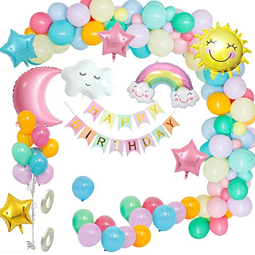 Decoraciones para fiesta de cumpleaños niña pastel, suministro de tema del cielo con pancarta, globo de papel de arcoíris con nubes de sol y luna, globo de estrella para revelación de género para niño