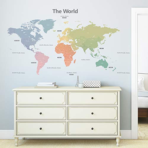 DECOWALL DLT-1809 Mapamundi Moderno Tonos Pastel Vinilo Pegatinas Decorativas Adhesiva Pared Dormitorio Salón Guardería Habitación Infantiles Niños Bebés (Extra Grande) (English Ver.)