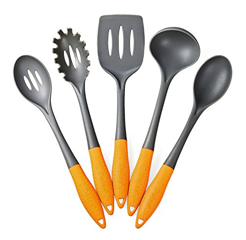 Deiss PRO - Juego de utensilios de cocina (5 piezas, nailon, cucharón de sopa, espátula ranurada, cuchara para servir, cuchara ranurada, seguro para utensilios de cocina antiadherentes)