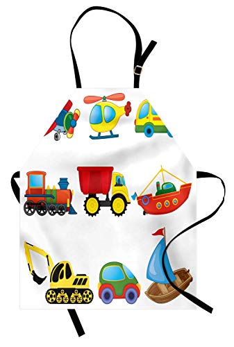 Delantal de guardería, tema de transporte de caricatura con grúas de tren de camión Impresión de barco de yate Chopper, Delantal de cocina unisex con cuello ajustable para cocinar Hornear Jardinería,