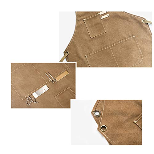 Delantal de trabajo utilitario delantal de lona con correas ajustables para peluquería, cocina, jardinero, cafeshop (Khaki)