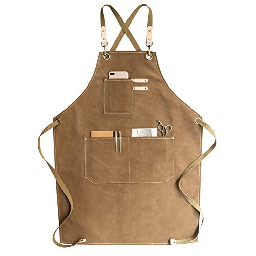 Delantal de trabajo utilitario delantal de lona con correas ajustables para peluquería, cocina, jardinero, cafeshop (Khaki)