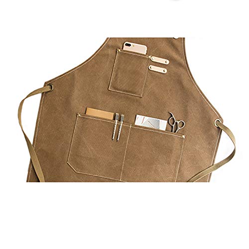 Delantal de trabajo utilitario delantal de lona con correas ajustables para peluquería, cocina, jardinero, cafeshop (Khaki)