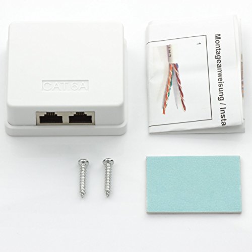 deleyCON 1x Cat 6a Superficie RJ45 2X Puertos Conector de Red Blindados FTP 10 Gbit Ethernet LAN Cable de Conexión - Blanco