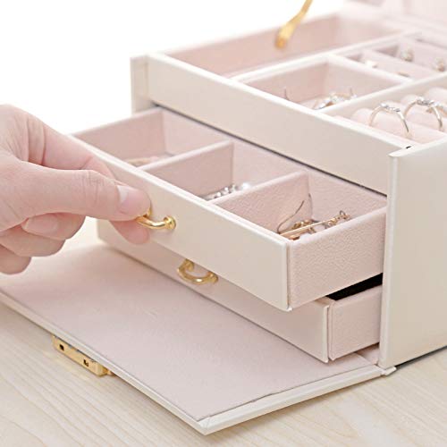 Delgeo Caja para Joyas Pendientes Pulseras Anillos, Caja Joyero con Espejo y Cajones, Cajas para Joyas Regalo, Organizador Joyero con Cerradura - Blanco Perla