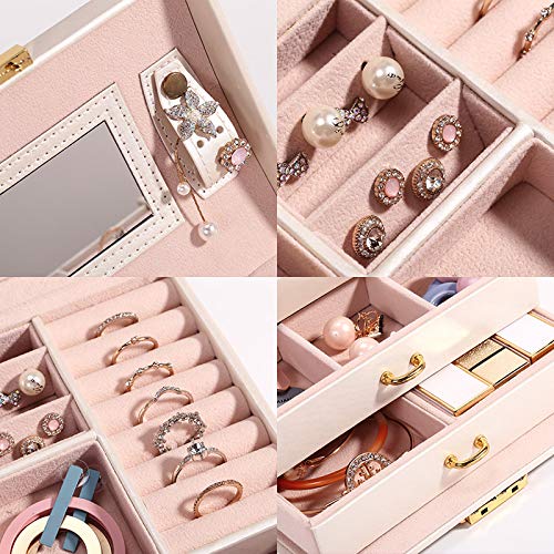 Delgeo Caja para Joyas Pendientes Pulseras Anillos, Caja Joyero con Espejo y Cajones, Cajas para Joyas Regalo, Organizador Joyero con Cerradura - Blanco Perla