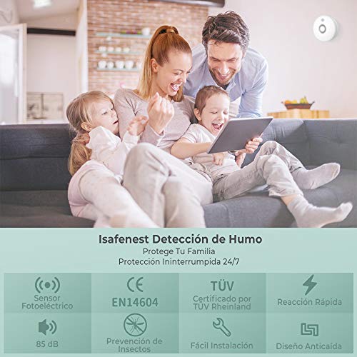Detector de Humo, Isafenest Alarma de Humo con Sensor Fotoeléctrico Independiente Voz de 85 dB, con 5 Años de Duración de Batería