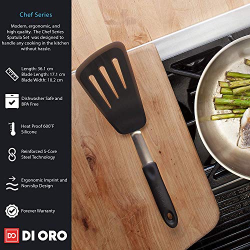 DI ORO® - Serie Chef - Espátulas de cocina en silicona y acero inoxidable - Resistentes al calor hasta 315 °C - Las mejores paletas de cocina y espátulas ranuradas - Perfectas para huevos y panqueques