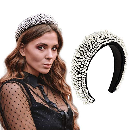 Diadema acolchada de terciopelo con perlas y esponja, con banda elástica y acolchada para el pelo, para mujeres y niñas Negro Negro ( Talla única