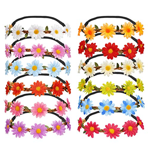 Diadema de Flores 12 Piezas Multicolor Diadema de Flores de Margarita con Cinta Elástica Ajustable para Mujeres Niñas Fiesta Playa