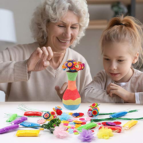 DigHealth Crafting Kit para Niño, Kit de Artesanía, DIY Florero con Ramo de Botones y Flor De Tela para Niñas Niños Edad 4 5 6 7 8 9 10 12 años