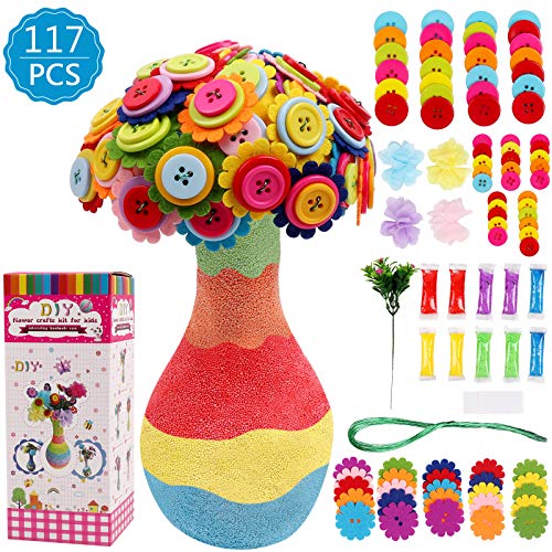 DigHealth Crafting Kit para Niño, Kit de Artesanía, DIY Florero con Ramo de Botones y Flor De Tela para Niñas Niños Edad 4 5 6 7 8 9 10 12 años