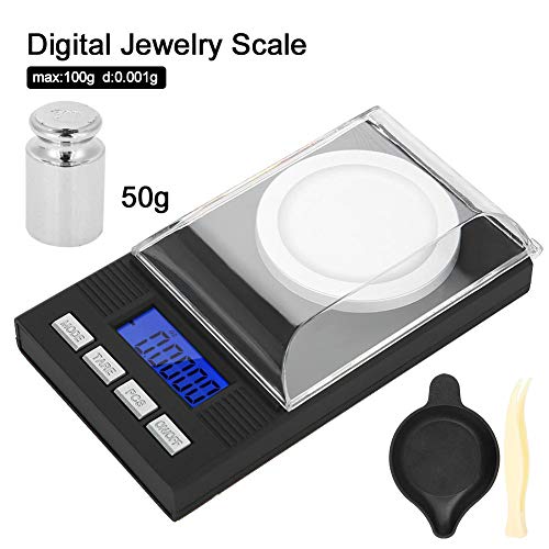 Digital Milligram - Báscula de joyería, pantalla digital LED, mini portátil de alta precisión, escala de joyería de bolsillo de 0,001 g con pinzas de calibre y sartenes de pesaje, 100 g