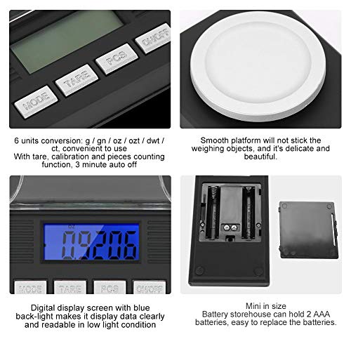 Digital Milligram - Báscula de joyería, pantalla digital LED, mini portátil de alta precisión, escala de joyería de bolsillo de 0,001 g con pinzas de calibre y sartenes de pesaje, 100 g