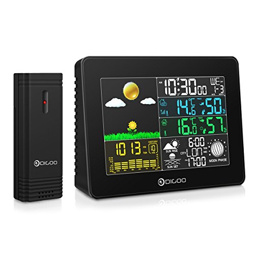 DIGOO DG-TH8868 Estación Meteorológica Inalámbrica, Higrómetro Termómetro para interiores, Temperatura Medidor de humedad con pantalla LCD, Fase Lunar, Reloj Despertador para el hogar, Cocina