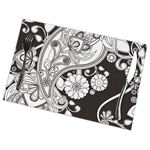 Diseño asiático Vintage negro blanco Paisley asociado Raster Tray Mat, 6 piezas de Bandeja lavable Mat, Mesa Resistente al calor de cocina Mantel individual