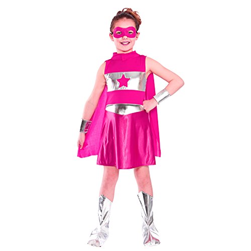 Disfraz de superheroína para niña, color rosa. Tamaño medio: 5-7 años (122-134cm)