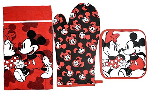 Disney - Juego de 3 piezas para cocina, manopla, agarradera y paño de cocina, diseño de Mickey y Minnie Mouse