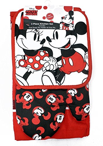 Disney - Juego de 3 piezas para cocina, manopla, agarradera y paño de cocina, diseño de Mickey y Minnie Mouse