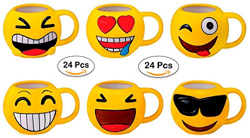 DISOK Lote 24 Tazas Emoticonos - Regalos de Comuniones Niños/Niñas - Tazas Emojis, Emoticonos para Niños, Infantiles, Juveniles. Mugs Desayuno para Regalos y Detalles de Bodas, Bautizos, Comuniones