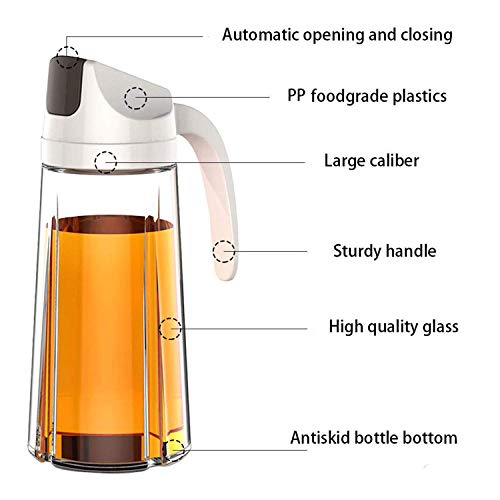 Dispensador de aceite estilo King Style, botella de vidrio de aceite de oliva con tapa y tapón automático, 22 onzas, con boquilla antigoteo, mango antideslizante para cocina