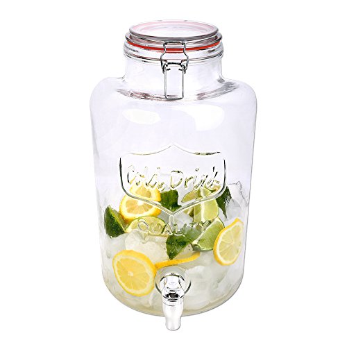 Dispensador de bebida S/o® botella con grifo jarra de zumo con grifo aspecto de tarro de conserva aprox. 7.5 litros vasos de cocktail de cristal prémium retro jardín terraza