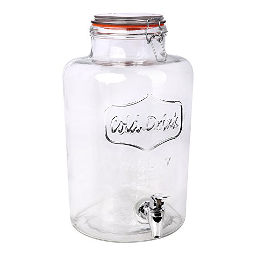Dispensador de bebida S/o® botella con grifo jarra de zumo con grifo aspecto de tarro de conserva aprox. 7.5 litros vasos de cocktail de cristal prémium retro jardín terraza