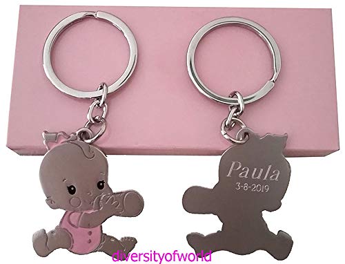 diversityofworld Figura Hucha Tarta Bautizo niña con Biberón y Pack de 12 Llaveros para Bautizo Personalizados con Nombre y Fecha