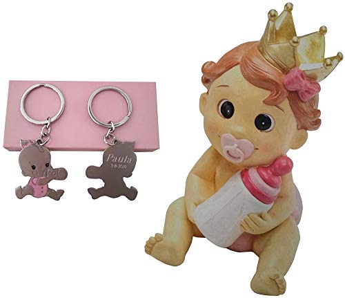 diversityofworld Figura Hucha Tarta Bautizo niña con Biberón y Pack de 12 Llaveros para Bautizo Personalizados con Nombre y Fecha