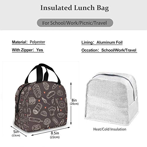 DJNGN lunch bags Panadería Colección dibujada a mano Bolsas de almuerzo Doble capa, 3D Impreso Enfriador Bolsa de almuerzo Caja de picnic para acampar Bolsa de asas Soporte de almuerzo Contenedor de