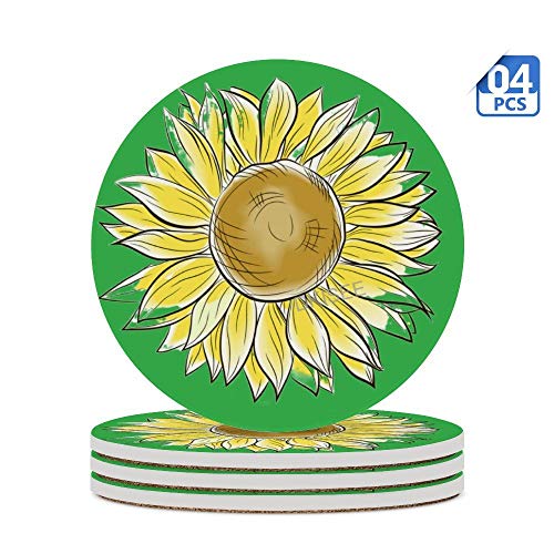 DKISEE - Posavasos de cerámica para bebidas, diseño de girasol con base de corcho, juego de 4, novedoso posavasos y tazas para regalo de inauguración de la casa, cumpleaños, Navidad, SDS254