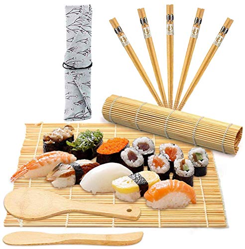 DODY Kit para Hacer Sushi: Kit de bambú Original con 2 tapetes para Sushi + 1 esparcidor de arroz + 1 Paleta de arroz + 5 Palillos de Sushi, Bolsa de Almacenamiento y guía para Principiantes PDF