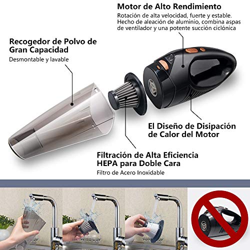 DOFLY Aspiradora de Mano sin Cable Potente, Aspirador de Coche de 12V 120W 8500PA, Luz LED, Filtro Lavable, Aspiradora Recargable Portátil Profesional en Seco y Húmedo para Hogar Oficina