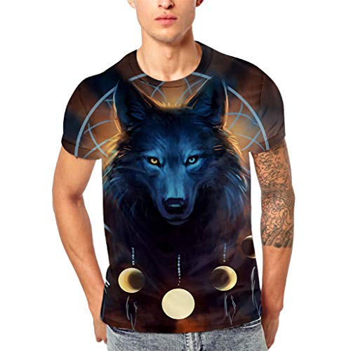 DOGZI Hombre Verano Manga Corta Casual 3D Fuegos Artificiales Pintado Lobo Gatito Águila Pajarito Colorear Pluma Estampado de león Degradado Estrellado Feroz Cuello Redondo Algodón Camiseta Pareja