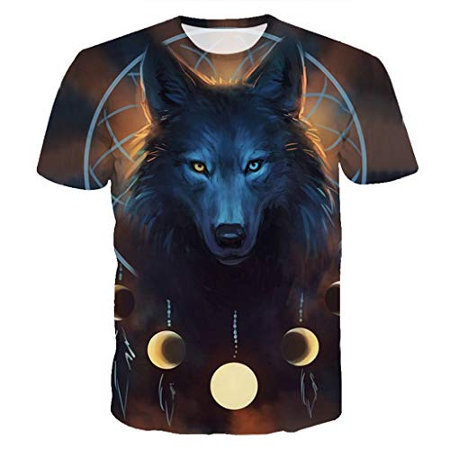 DOGZI Hombre Verano Manga Corta Casual 3D Fuegos Artificiales Pintado Lobo Gatito Águila Pajarito Colorear Pluma Estampado de león Degradado Estrellado Feroz Cuello Redondo Algodón Camiseta Pareja