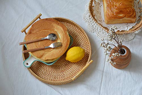 DOKOT Bandeja Redonda de Ratán Tejida a Mano con Asas para Pasteles, Pan y Pastele 28cm