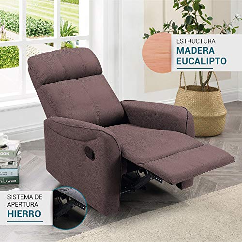 Don Descanso - Sillón Relax Reclinable Tela Zante Choco, Sillón con Reposapiés, Sistema de Apertura Push, Compacto, 2 Posiciones de Tumbada y Posición Cero. Butaca Reclinable hasta 150º. Fácil Montaje