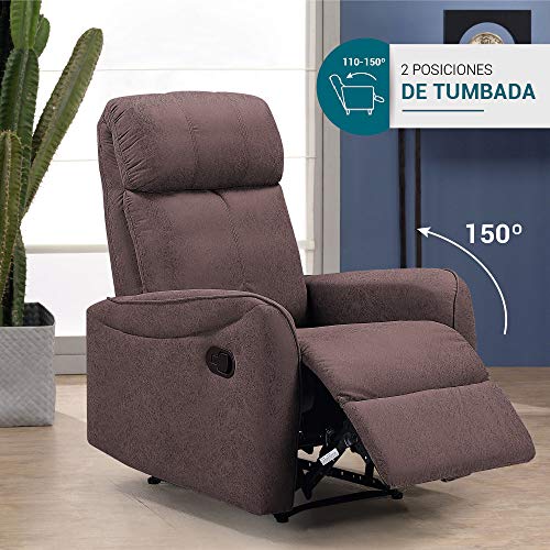 Don Descanso - Sillón Relax Reclinable Tela Zante Choco, Sillón con Reposapiés, Sistema de Apertura Push, Compacto, 2 Posiciones de Tumbada y Posición Cero. Butaca Reclinable hasta 150º. Fácil Montaje