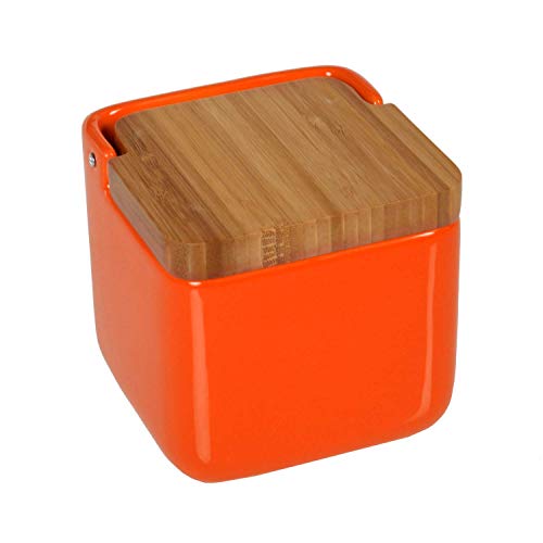 DONREGALOWEB Salero Cuadrado de cerámica con Tapa de Madera Decorado en Color Naranja.